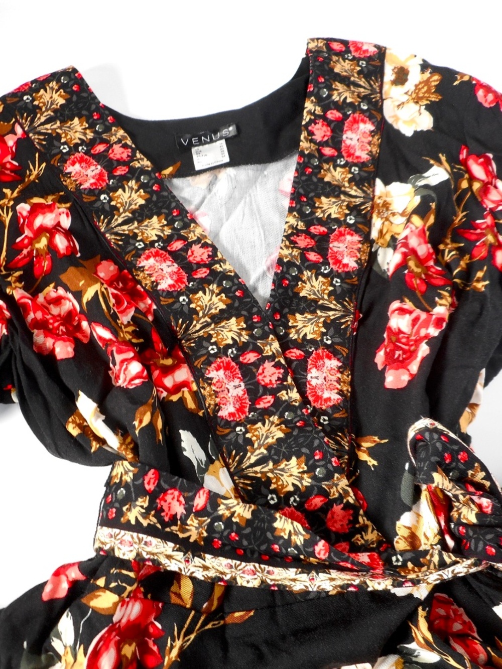 Venus Black Floral Rose Womens 14 Party Cocktail Dress Fit and Flare Long Sleeve - Picture 4 of 9